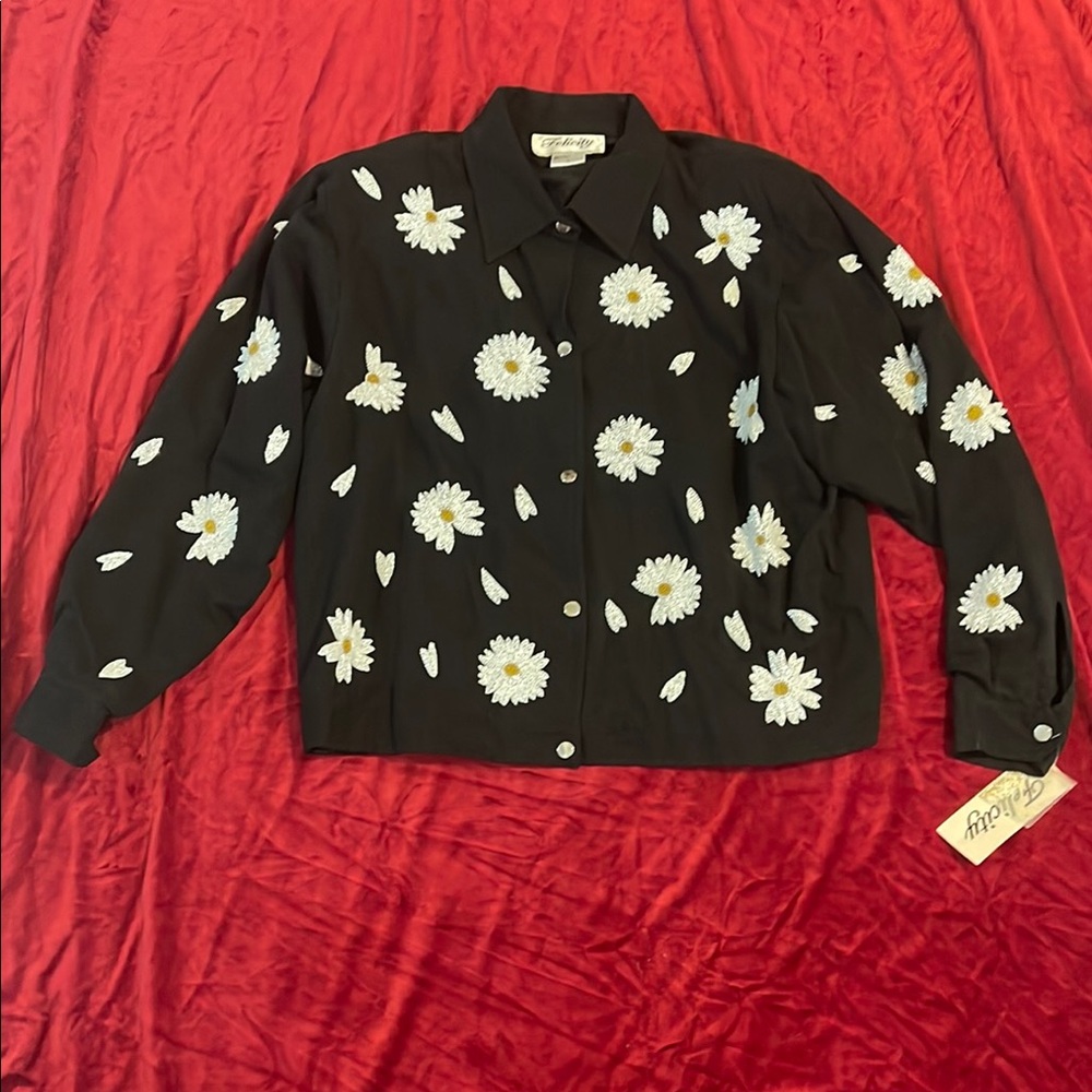 Vintage 90s Felicity Black Jacket with Embroidered Beaded Daisies Size Large NWT